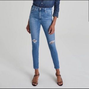 AG Jeans: The Farrah Skinny Ankle light wash with ripped knees